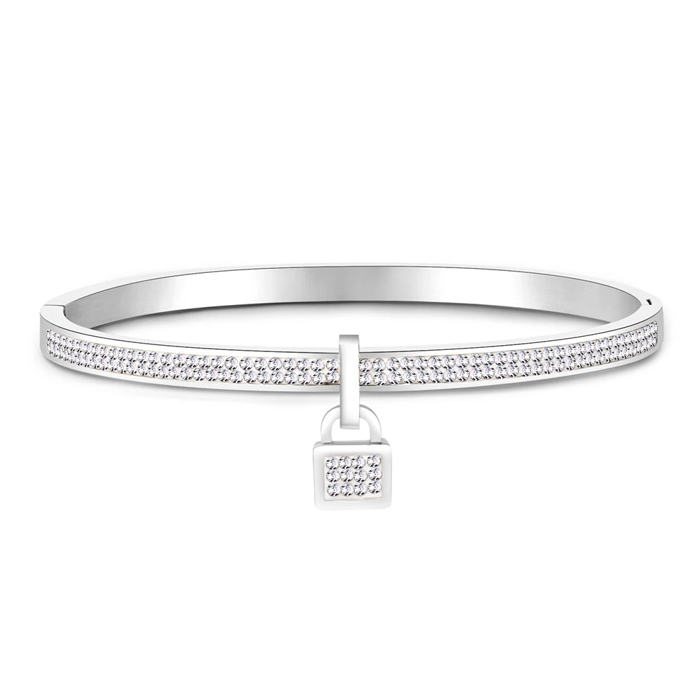 Crystal Rhinestone Lock Pendant Bangle Stainless Steel Cuff Bangles
