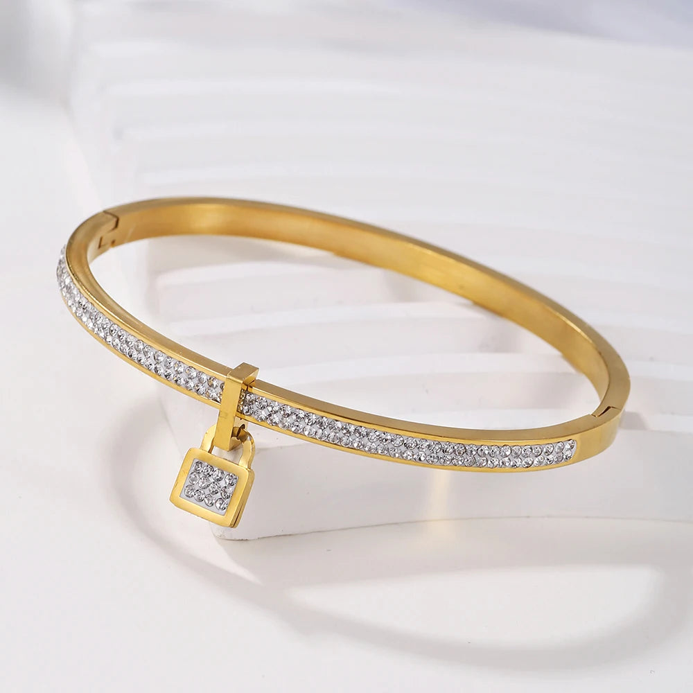 Crystal Rhinestone Lock Pendant Bangle Stainless Steel Cuff Bangles