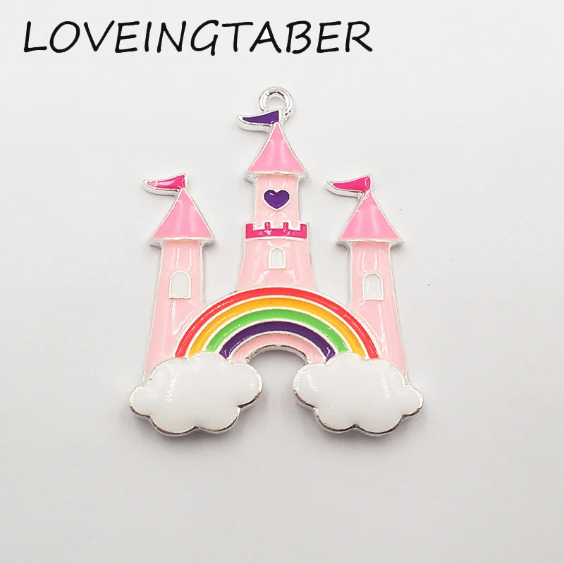 10pcs Silvery Princess Castle with Rainbow Enamel Pendant