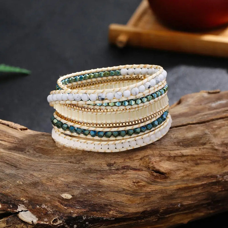5 Wrap Bead Vegan Rope Bracelet with Stainless Steel Chain