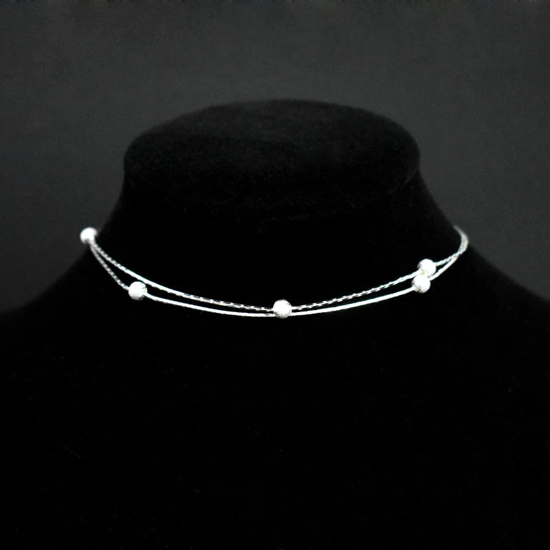 925 Sterling Silver Double Layer Frosted Beads Anklets Women