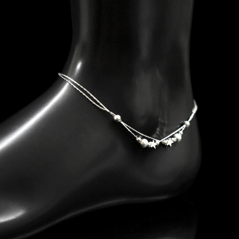 Double Layer Star Frosted Bead Pendant Anklets 925 Sterling Silver