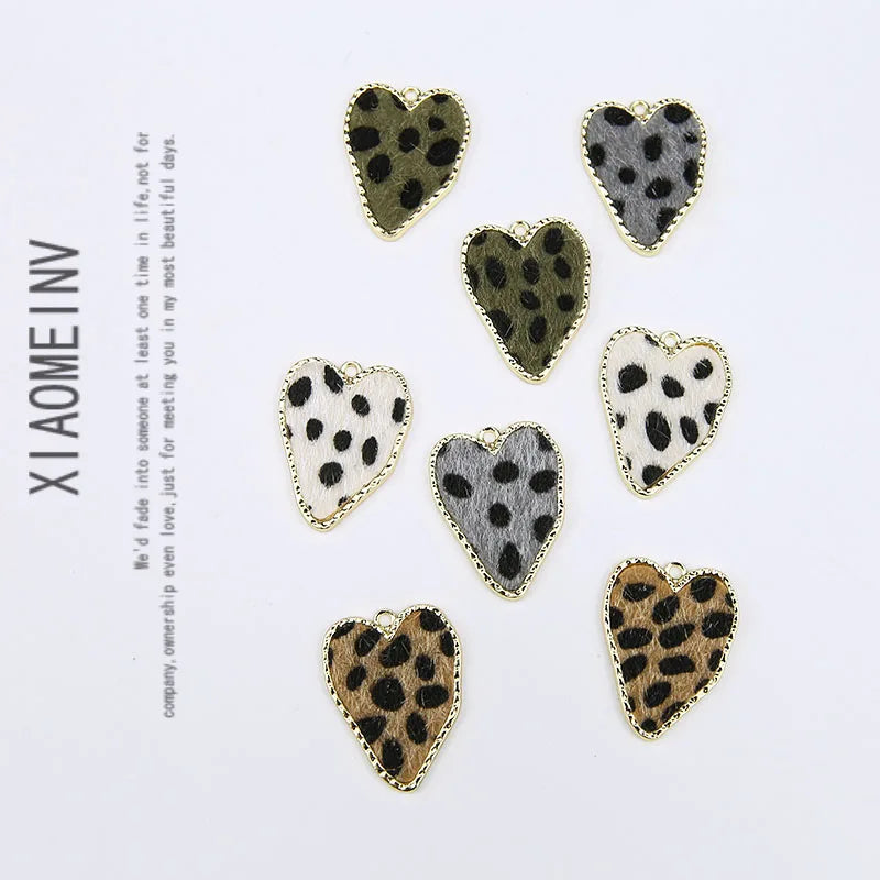 Leopard Printing Felt Wool Heart Charms Earring Necklace Pendant