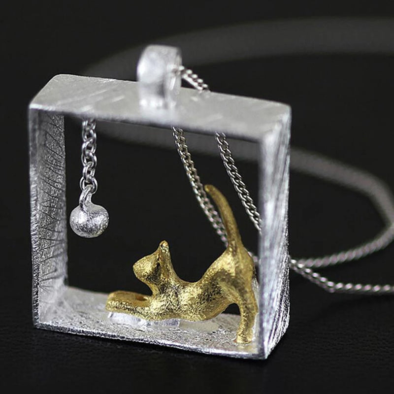 Cat Pendant Sweater Chain Silver Plated Charm Jewelry For Women Girls