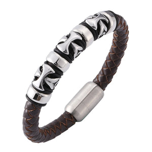 Punk Brown Woven Leather Bracelet Cross Magnetic Buckle Men