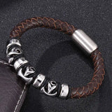 Punk Brown Woven Leather Bracelet Cross Magnetic Buckle Men