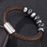 Punk Brown Woven Leather Bracelet Cross Magnetic Buckle Men