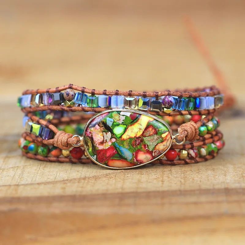 Mixed Natural Stones Charm 3 Strands Wrap Bracelet Boho Women Leather