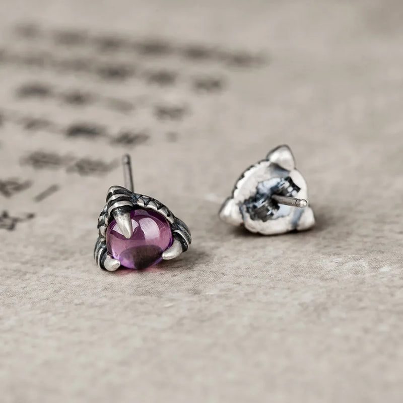 925 Silver Purple Crystal Dragon Claw Stud Earrings