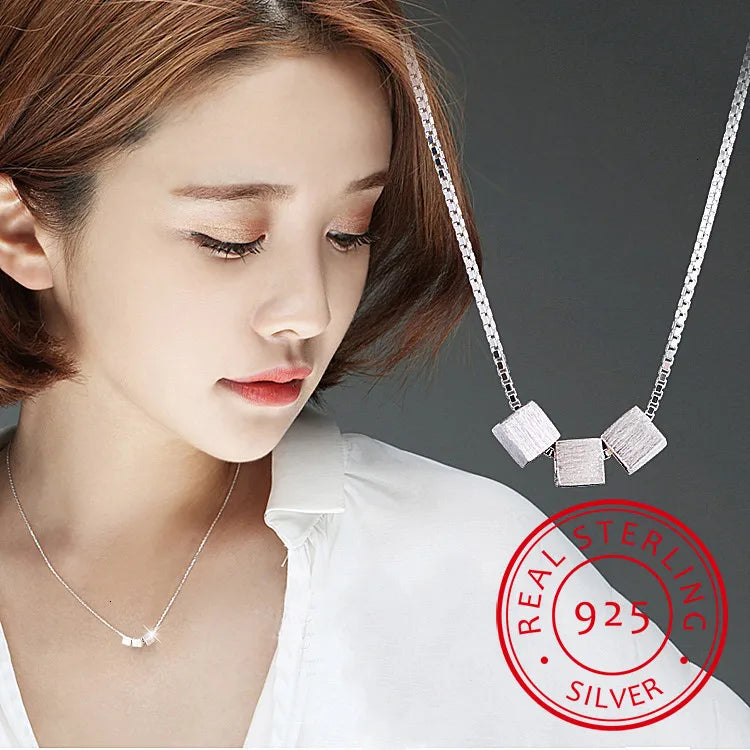 Square Box Cube Pendant Necklace For Women 925 Sterling Silver Jewelry