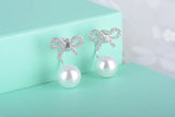 Sterling Silver 925 Crystal Bowknot Pearl Stud Earrings Jewelry