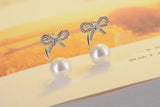 Sterling Silver 925 Crystal Bowknot Pearl Stud Earrings Jewelry