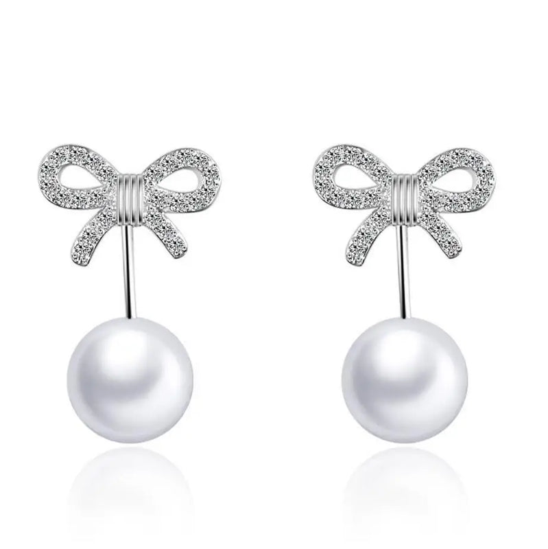 Sterling Silver 925 Crystal Bowknot Pearl Stud Earrings Jewelry