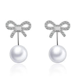 Sterling Silver 925 Crystal Bowknot Pearl Stud Earrings Jewelry