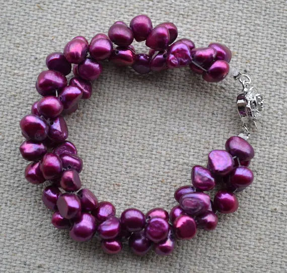7in Amaranth Freshwater Pearl Bracelet,Flower Clasp