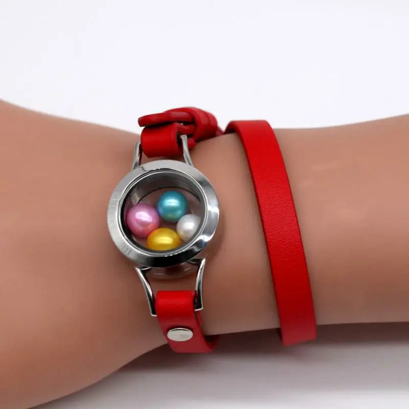 Waterproof Locket Red Leather Bracelet 7 Colors