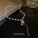 Zircon Flower Faux Pearls Sweater Chain Pendant Necklace