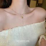 Zircon Flower Faux Pearls Sweater Chain Pendant Necklace