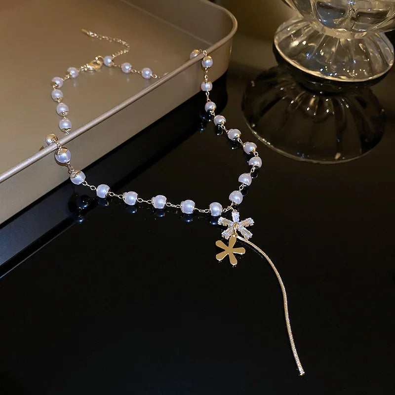 Zircon Flower Faux Pearls Sweater Chain Pendant Necklace