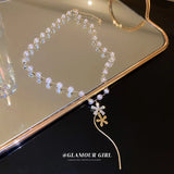 Zircon Flower Faux Pearls Sweater Chain Pendant Necklace