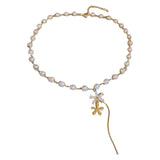 Zircon Flower Faux Pearls Sweater Chain Pendant Necklace