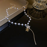 Zircon Flower Faux Pearls Sweater Chain Pendant Necklace