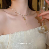 Zircon Flower Faux Pearls Sweater Chain Pendant Necklace