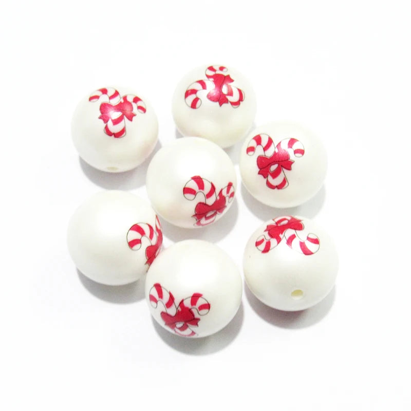 100pcs/lot Acrylic Matte Pear Beads Print Christmas Cane Beads
