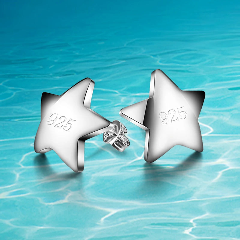 925 Sterling Silver Star Stud Earrings Smooth Frosted Surface Lady Jewelry