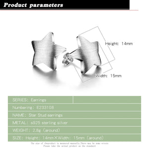 925 Sterling Silver Star Stud Earrings Smooth Frosted Surface Lady Jewelry