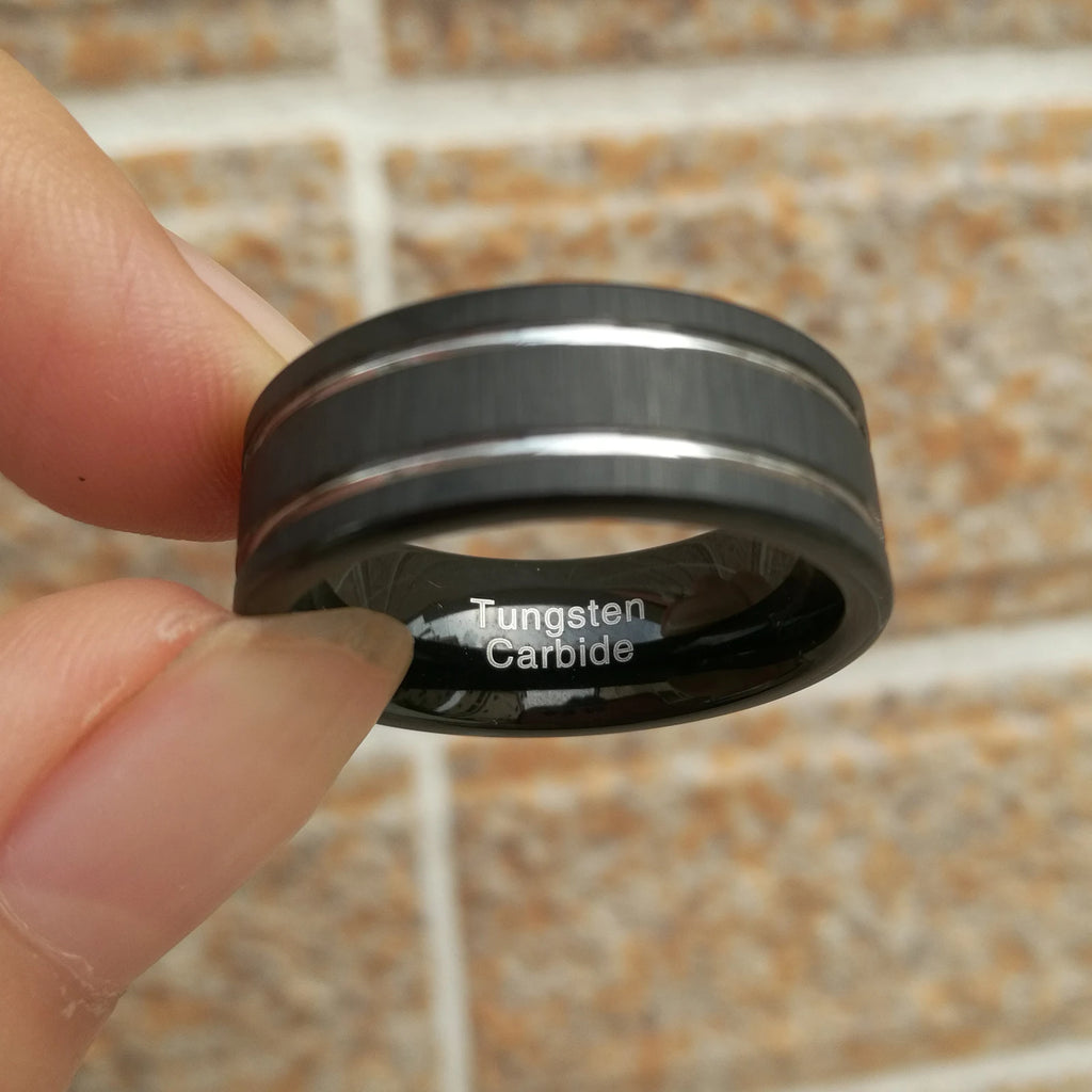 Men's Tungsten Carbide Wedding Band Silver Grooved Line Matte Brushed Size 8-13