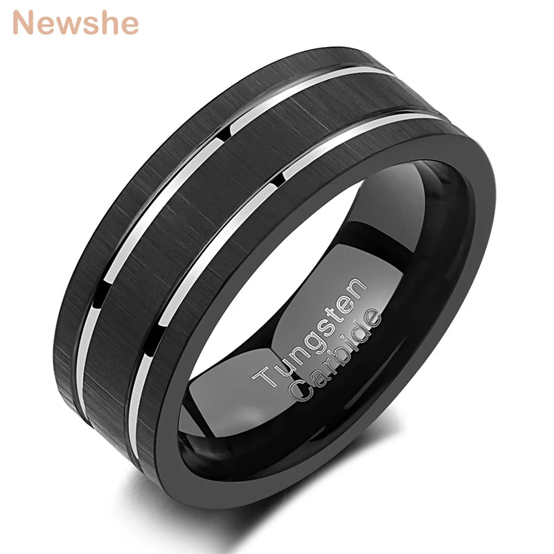Men's Tungsten Carbide Wedding Band Silver Grooved Line Matte Brushed Size 8-13