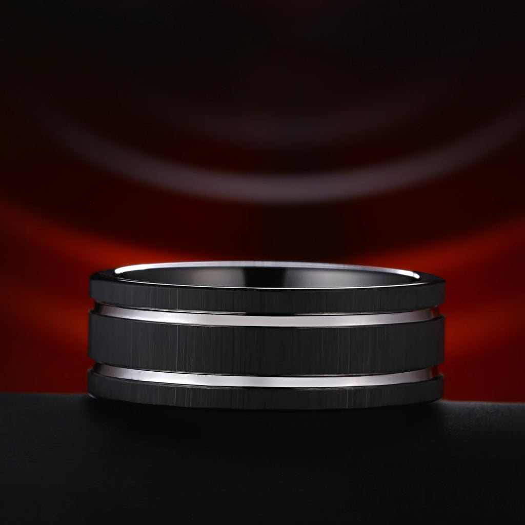 Men's Tungsten Carbide Wedding Band Silver Grooved Line Matte Brushed Size 8-13