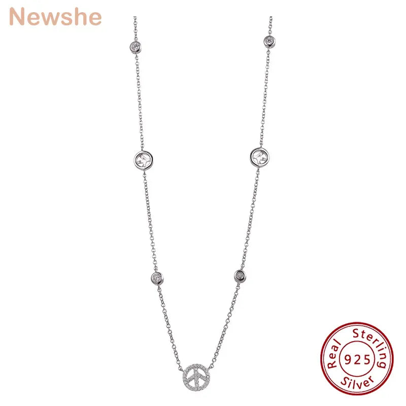Sterling Silver Peace Sign Pendant Necklace Cubic Zirconia Romantic Jewelry