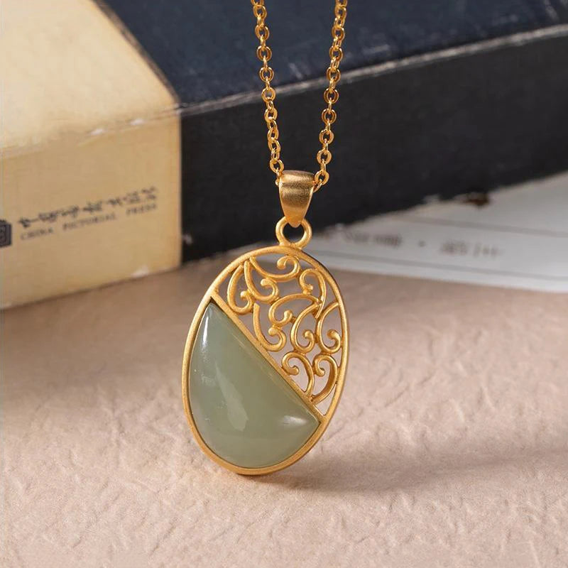 Hetian Sapphire Pendant Necklace Chinese Retro Hollow Charm Women's Jewelry
