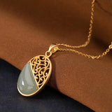 Hetian Sapphire Pendant Necklace Chinese Retro Hollow Charm Women's Jewelry