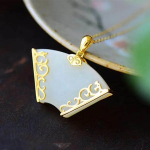 Silver Inlaid Hetian Jade Fan Pendant Necklace Retro Court Charm Women's Jewelry