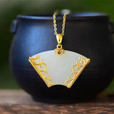Silver Inlaid Hetian Jade Fan Pendant Necklace Retro Court Charm Women's Jewelry