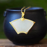 Silver Inlaid Hetian Jade Fan Pendant Necklace Retro Court Charm Women's Jewelry