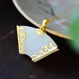 Silver Inlaid Hetian Jade Fan Pendant Necklace Retro Court Charm Women's Jewelry