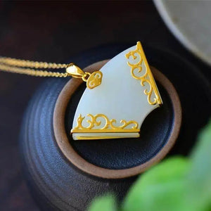 Silver Inlaid Hetian Jade Fan Pendant Necklace Retro Court Charm Women's Jewelry