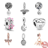 925 Sterling Silver Pink Daisy Flower Clip Dragonfly Charm for Bracelet