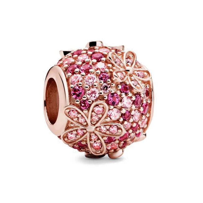 925 Silver Pink Daisy Flower Dangle Charm Rose Pendant Bracelet Jewelry