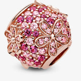 Pink Sparkling Flower Rose Bead Bangle Charms Silver 925 Bracelet