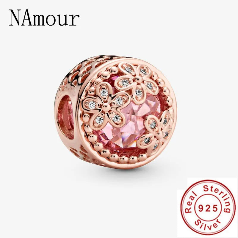 Pink Sparkling Flower Rose Bead Bangle Charms Silver 925 Bracelet