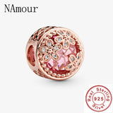 Pink Sparkling Flower Rose Bead Bangle Charms Silver 925 Bracelet