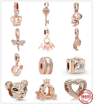 Pink Crown Rose Bead Pendant Charms 925 Bracelet Necklace DIY Women J