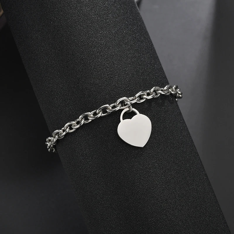 Engraved Name Heart Bracelets Women Personalized Stainless Steel DIY Jewelry