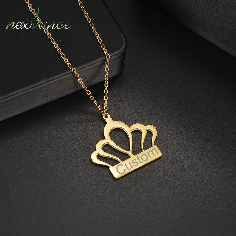 Stainless Steel Crown Necklace Engraved Name ID Jewelry Gift