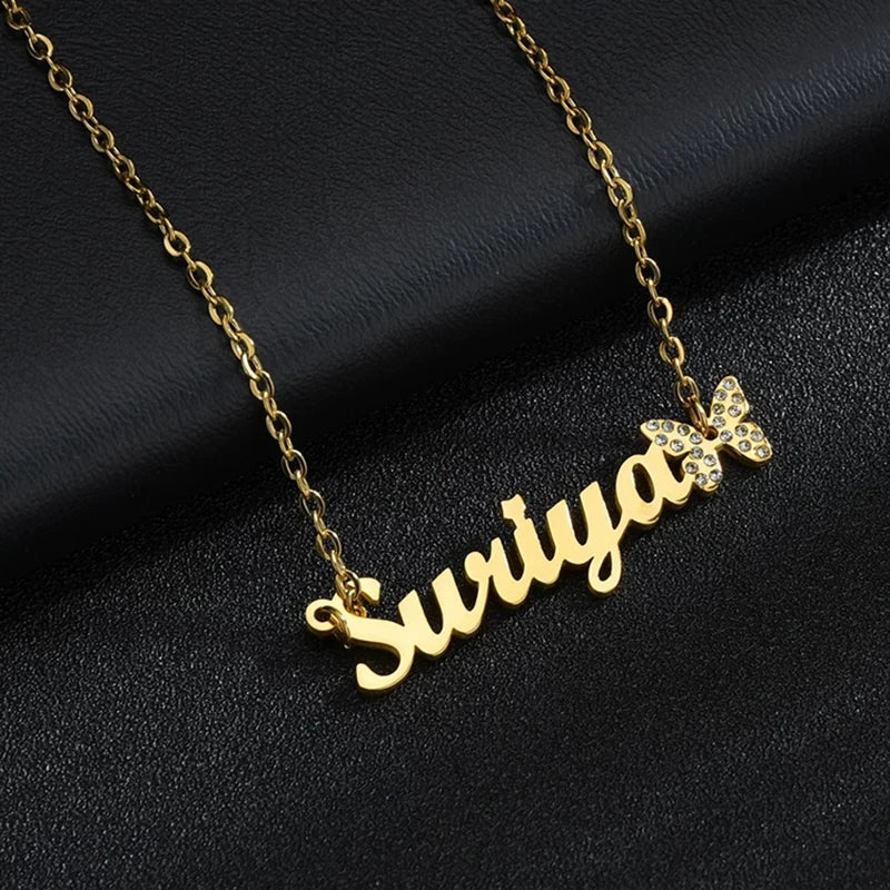 Stainless Steel Stone Butterfly Pendant Necklace Personalized Name Choker